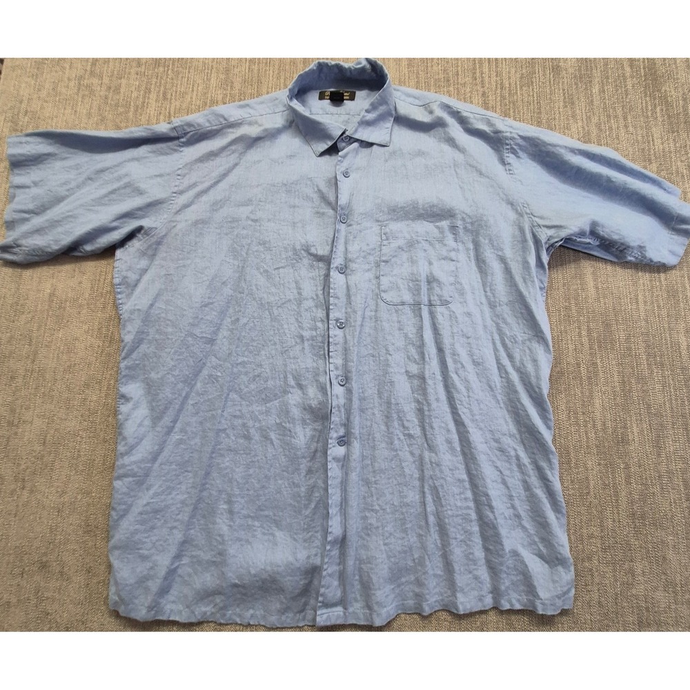 Pronto Uomo 100% Linen men's light blue short sleeve button up shirt 2XL Pocket